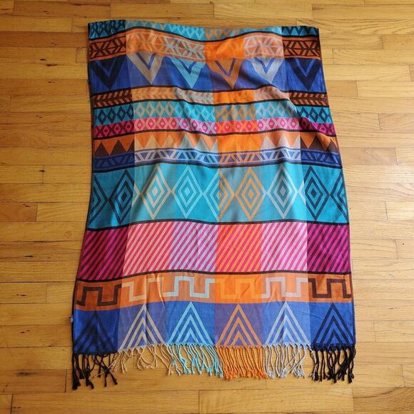 Wool Silk Blend Woven Fringed Wrap Shawl Colorful Aztec Festival Southwestern - Picture 2 of 8